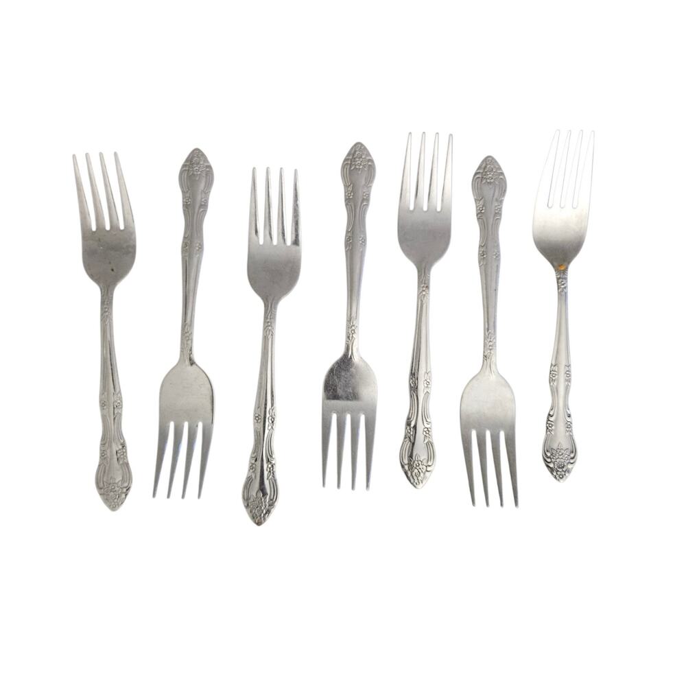 WM Rogers Dream Rose 7 Salad Forks Stainless Steel Flatware Korea Vintage Floral